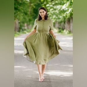 Son De Flor Classic Green Natural Linen Small Dress Short Sleeve Boho Cottage